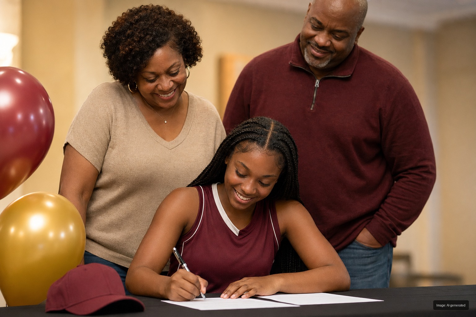 Young female athlete signing a letter of intent on signing day with proud parents standing behind her